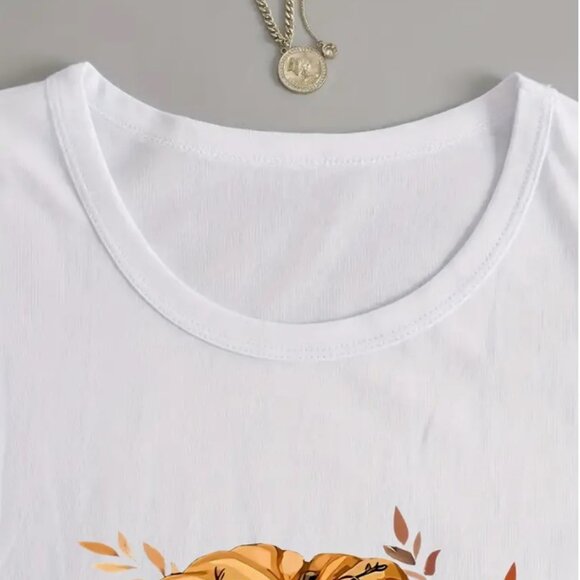 Small - Pumpkin Print T-shirt, Long Sleeve Crew Neck Casual Top - Picture 3 of 3